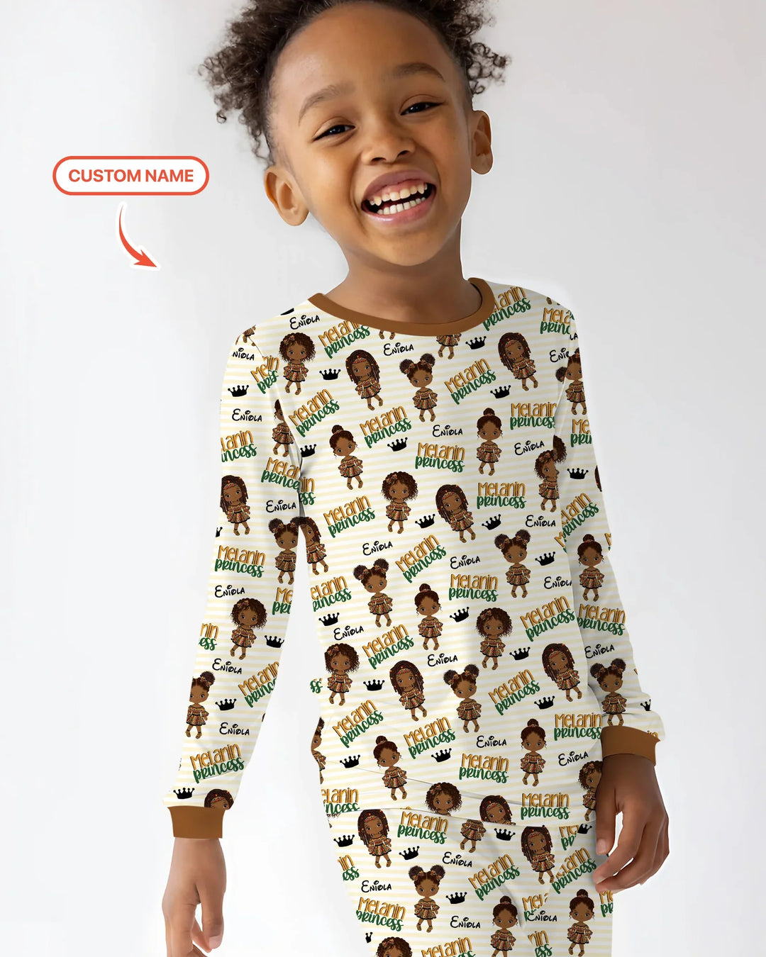 Custom Name Melanin Princess Bamboo Two Piece Long Sleeve Pajama Set