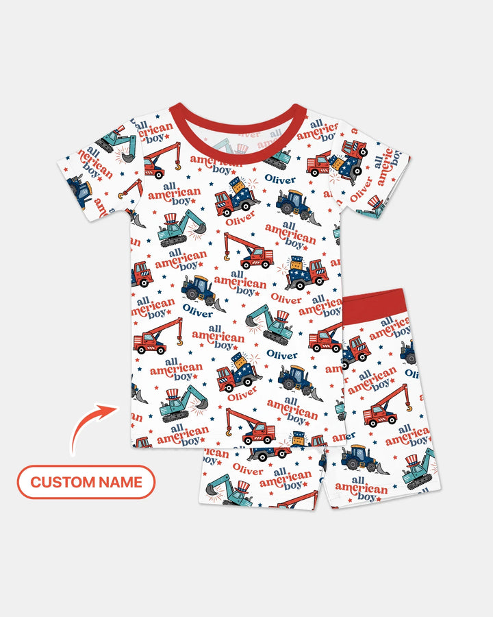 Custom Name All-American Boy Bamboo Two Piece Short Sleeve Shorts Pajama Set