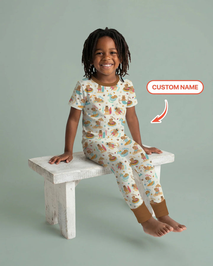 Don't Worry, Be Capy Custom Name Bamboo Two Piece Short Sleeve Pajama Set