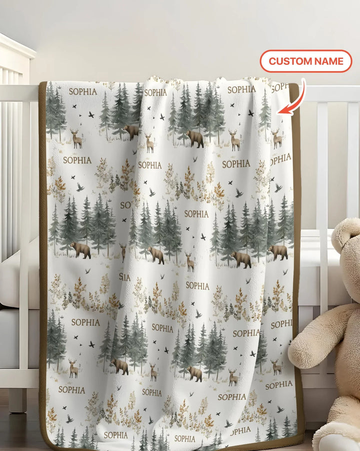 Custom Name Forest Bear Deer Bamboo Blanket