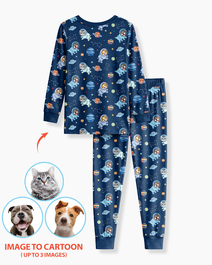 Astronaut Custom Pet Image Family Matching Bamboo Two Piece Long Sleeve Pajama Set