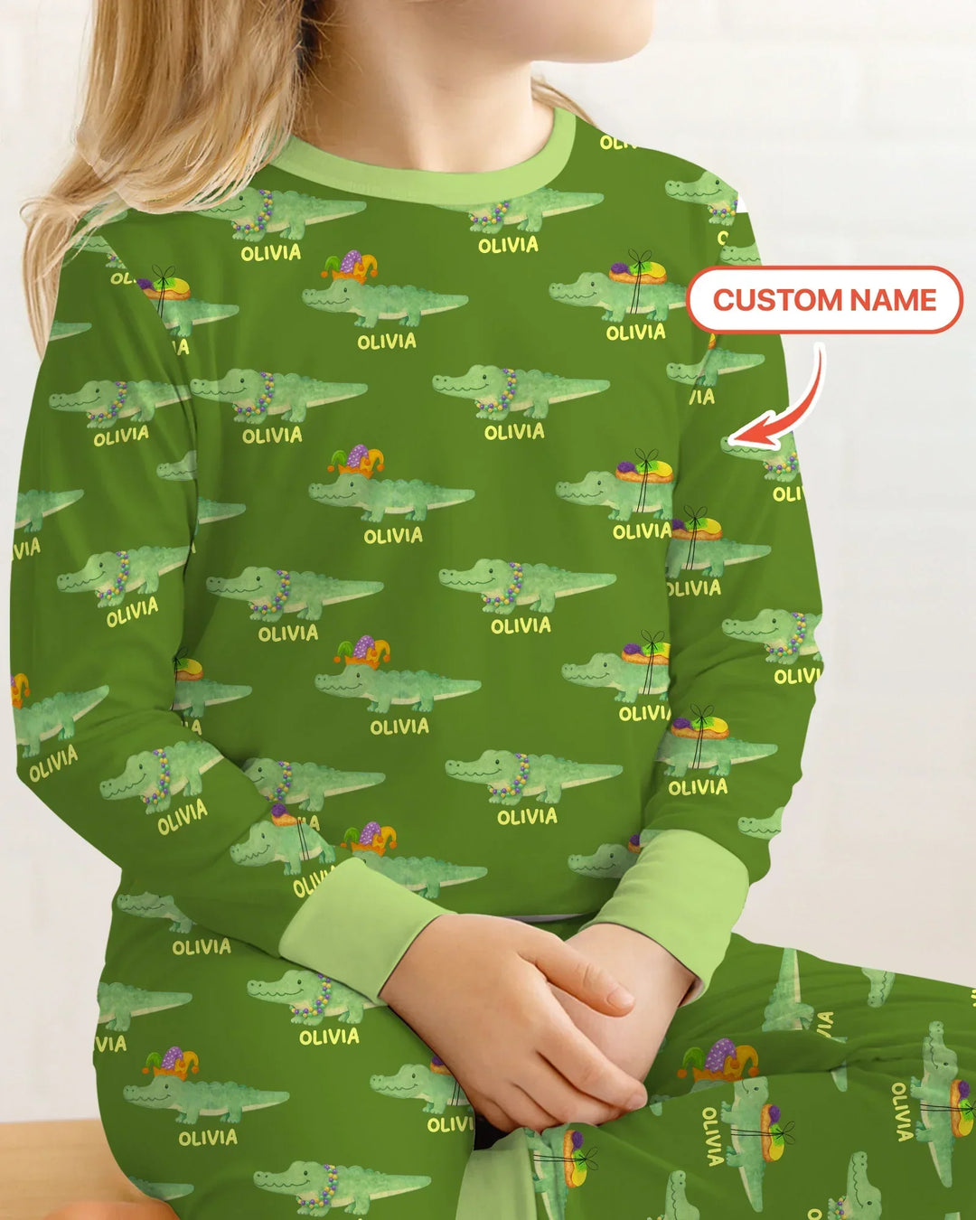 Custom Name Mardi Gras Gator Bamboo Two Piece Long Sleeve Pajama Set