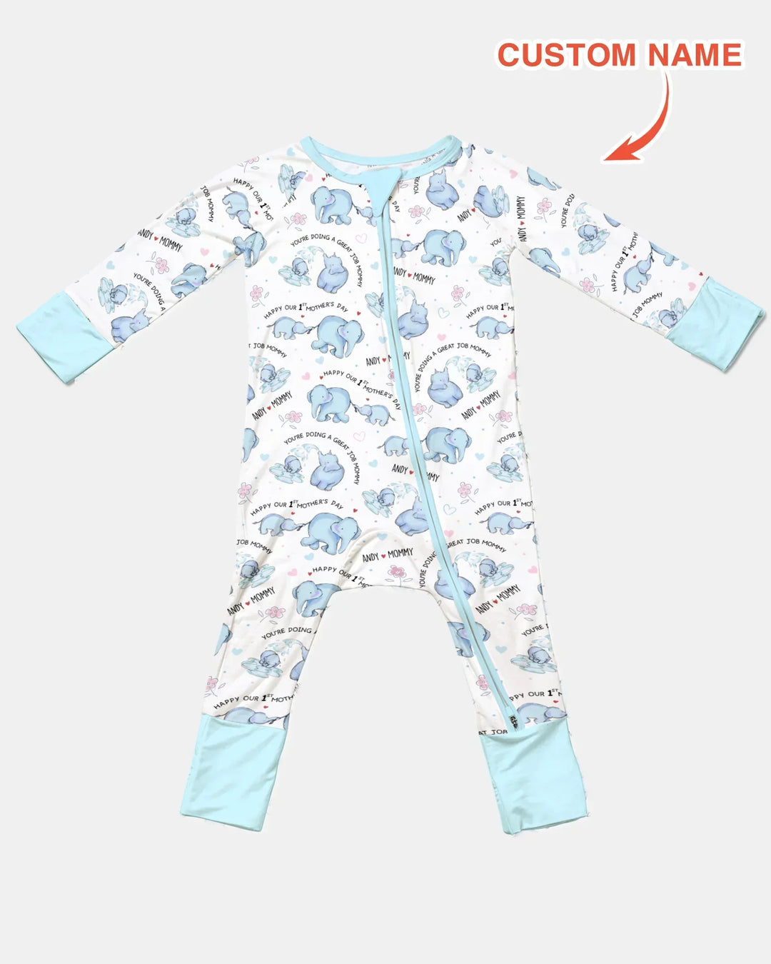 Custom Name Mother & Baby Elephant Bamboo Convertible Zippy
