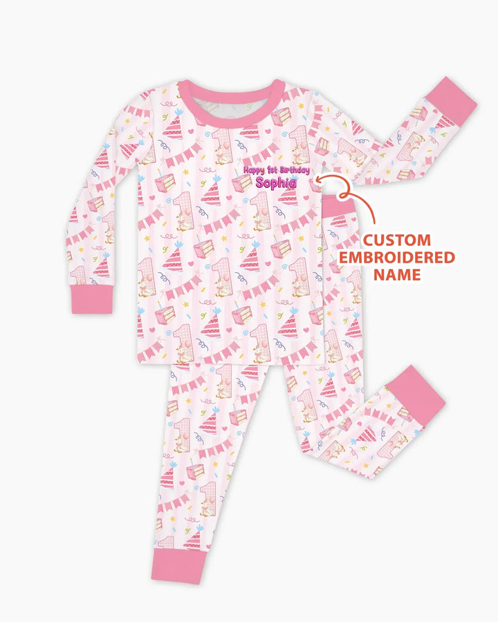 1st Birthday Girl Embroidered Baby Bamboo Two Piece Long Sleeve Pajama Set