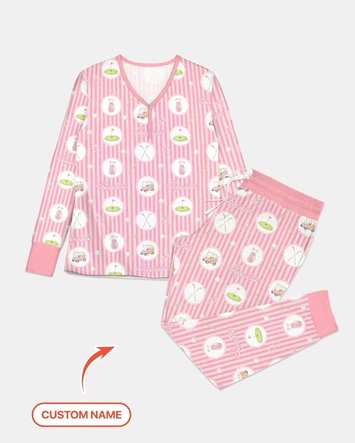 Custom Name Pink Golf Girl Bamboo Women Pajama Set
