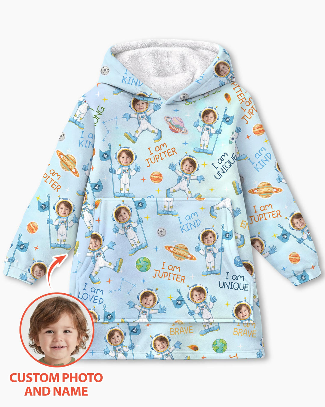 Custom Photo Kid Affirmations I Am Kind Astronaut Bamboo Blanket Hoodie