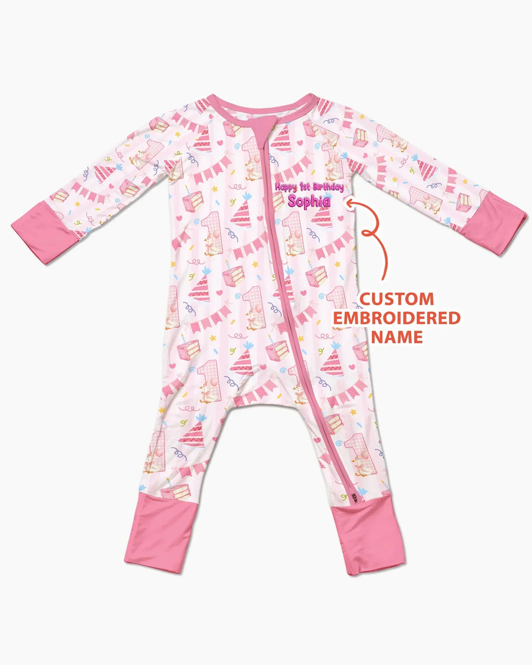 1st Birthday Girl Embroidered Baby Bamboo Convertible Zippy