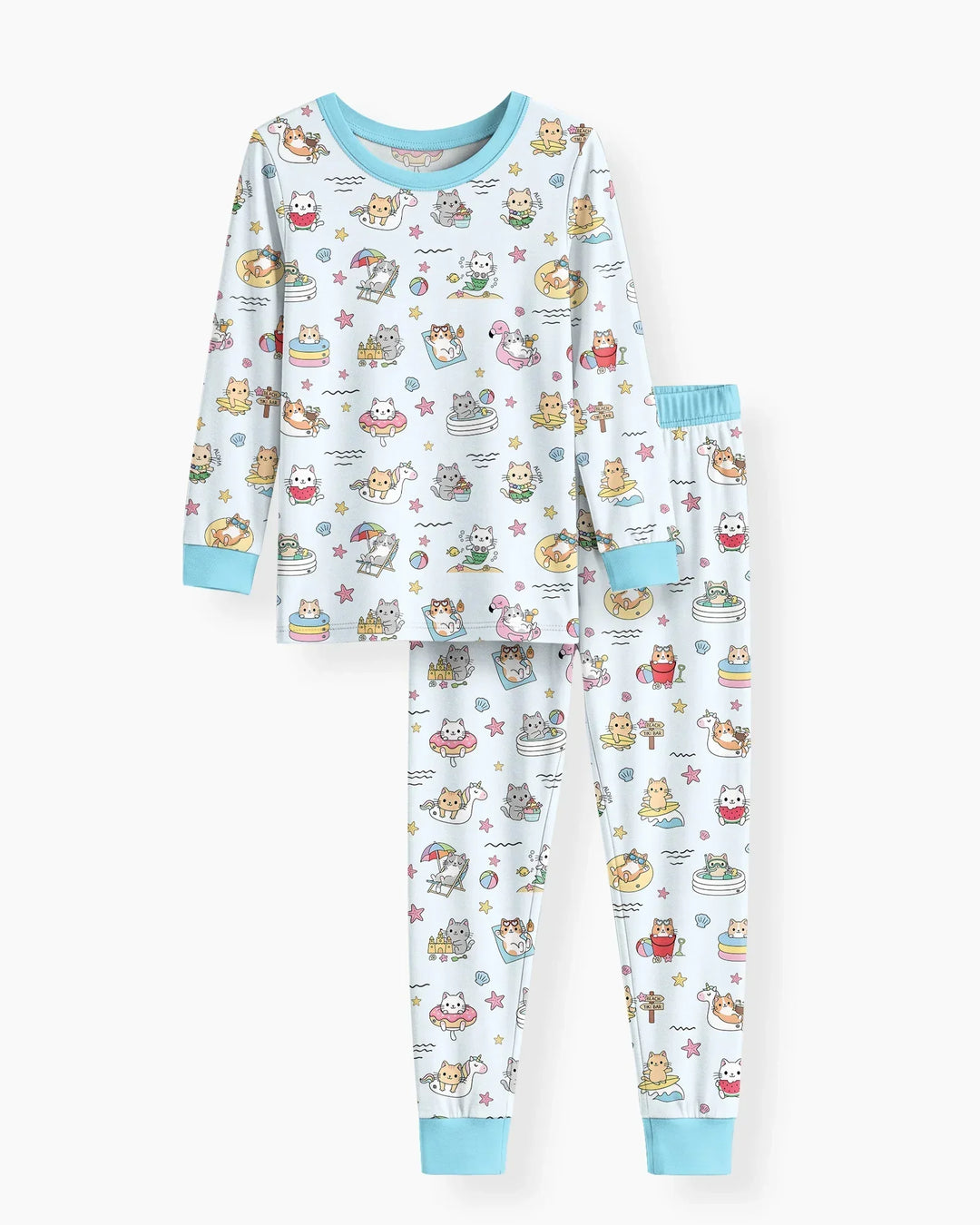 Kawaii Cats Summer Vacation Bamboo Two Piece Long Sleeve Pajama Set