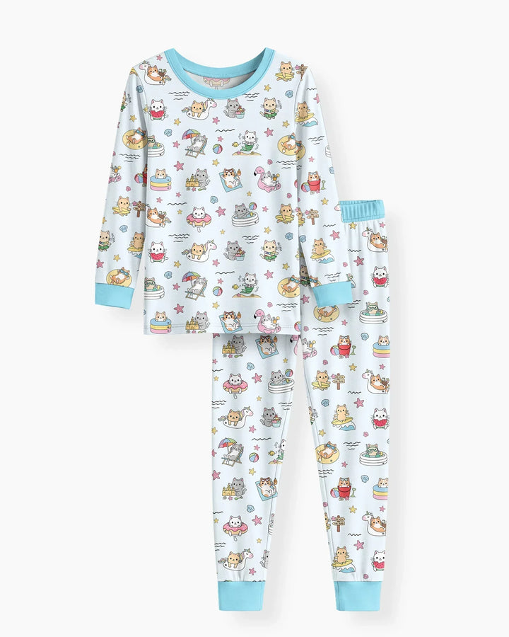 Kawaii Cats Summer Vacation Bamboo Two Piece Long Sleeve Pajama Set