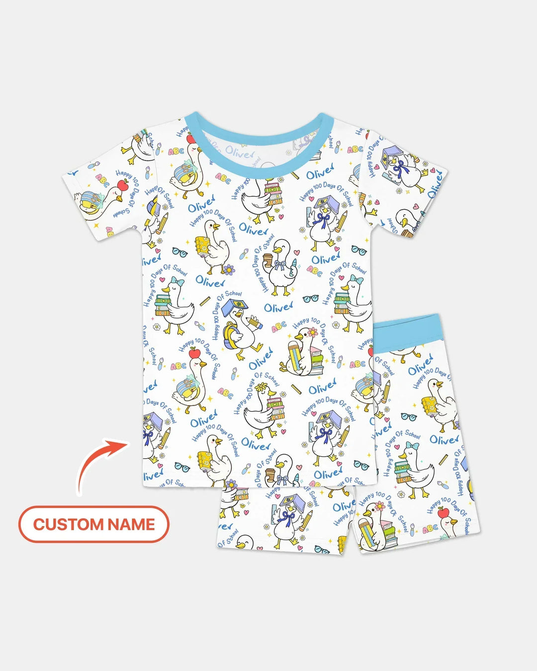 Custom Name Goose Happy 100 Days Of School Bamboo Two Piece Short Sleeve Shorts Pajama Set