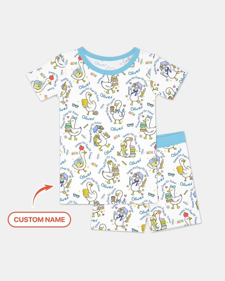 Custom Name Goose Happy 100 Days Of School Bamboo Two Piece Short Sleeve Shorts Pajama Set
