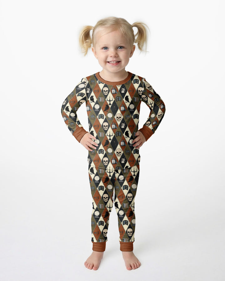 Retro Gothic Halloween Patchwork Bamboo Two Piece Long Sleeve Pajama Set