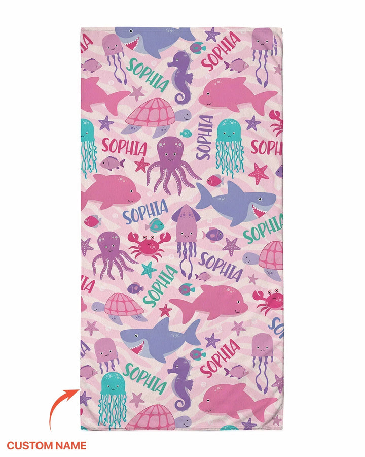 Custom Name Sea Life Kid Bamboo Beach Towel