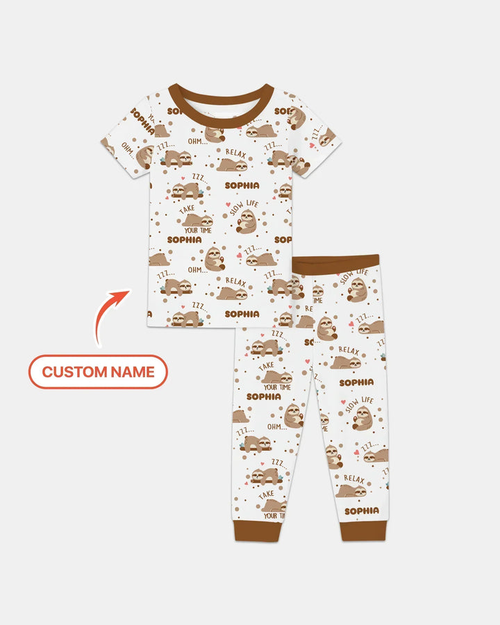Custom Name Cute Sloth Bamboo Two Piece Short Sleeve Pajama Set