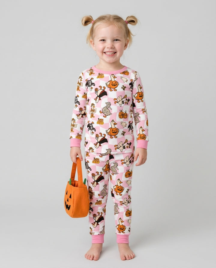 Spooky Goose Scrub Hat Bamboo Two Piece Long Sleeve Pajama Set
