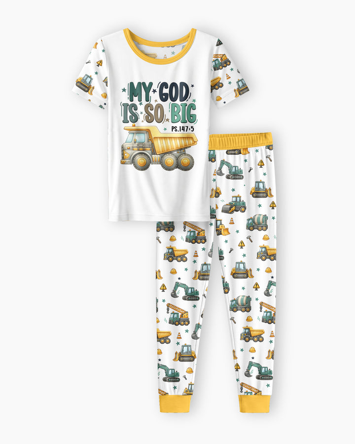 Construction Vehicles My God Is So Big Bamboo Two Piece Short Sleeve Pajama Set