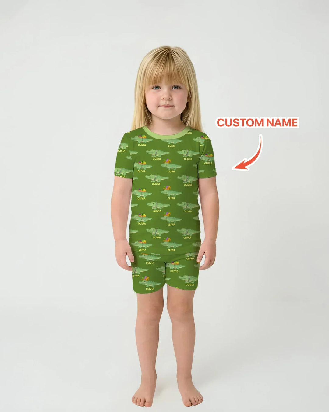 Custom Name Mardi Gras Gator Bamboo Two Piece Short Sleeve Shorts Pajama Set