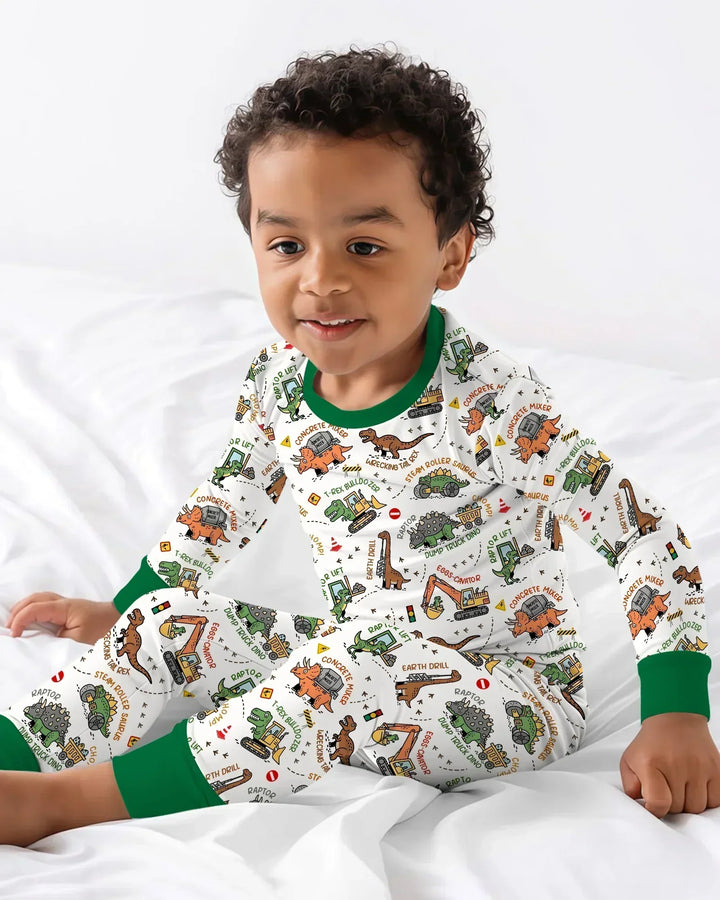 Dinosaur Construction Truck Bamboo Two Piece Long Sleeve Pajama Set