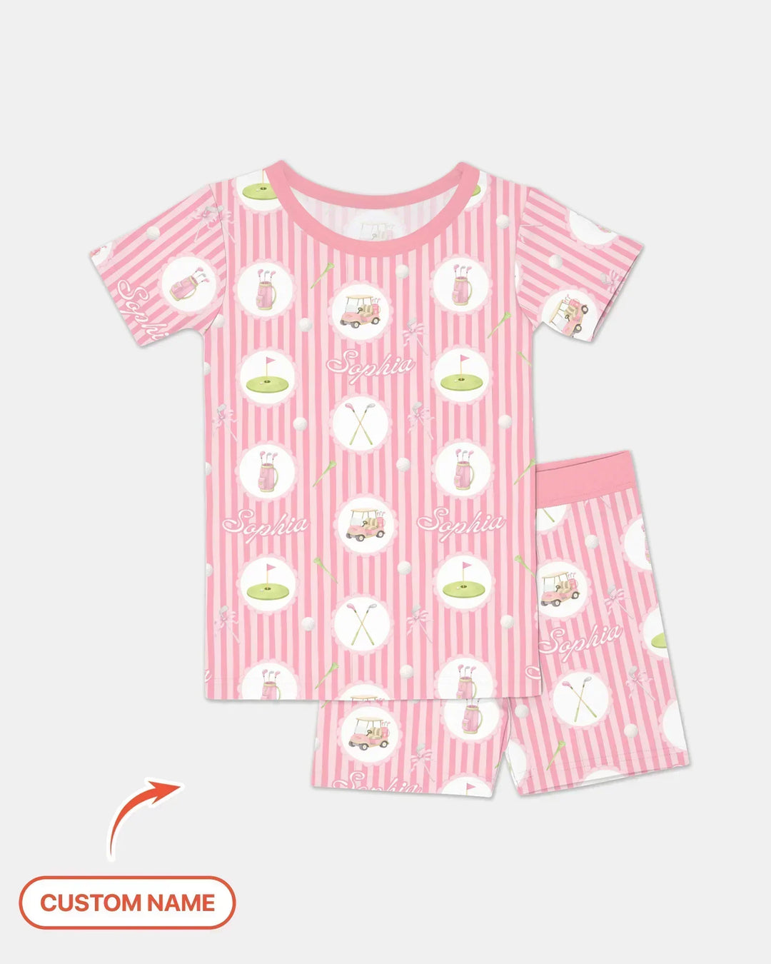 Custom Name Pink Golf Girl Bamboo Two Piece Short Sleeve Shorts Pajama Set