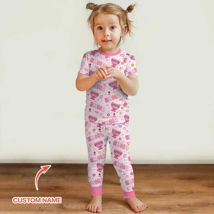Custom name Happy Hanukkah 2025 Bamboo Two Piece Short Sleeve Pajama Set