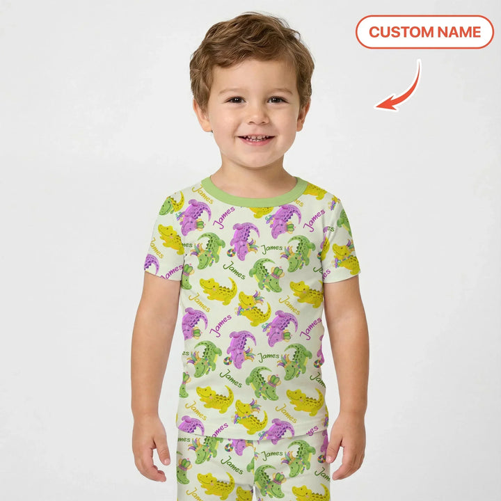 Custom Name Mardi Gras Alligator Bamboo Two Piece Short Sleeve Pajama Set