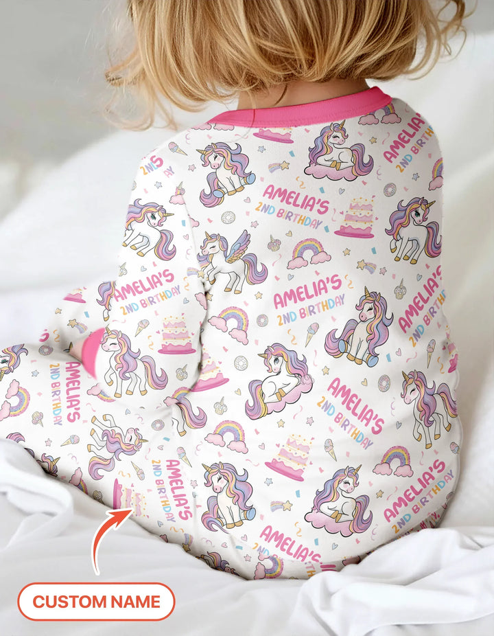 Custom Name Little Unicorn's Birthday Bamboo Two Piece Long Sleeve Pajama Set