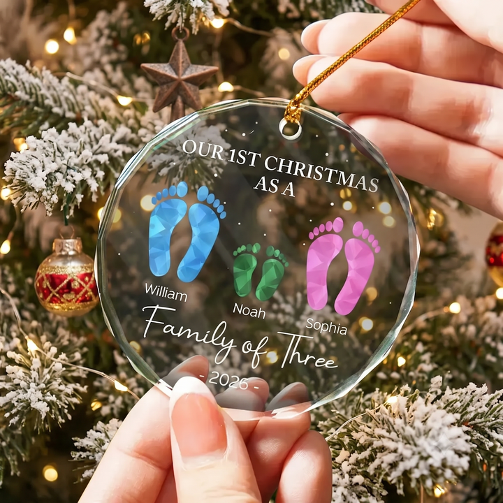 First Christmas As A Family Of Four Footprints Glass Ornament