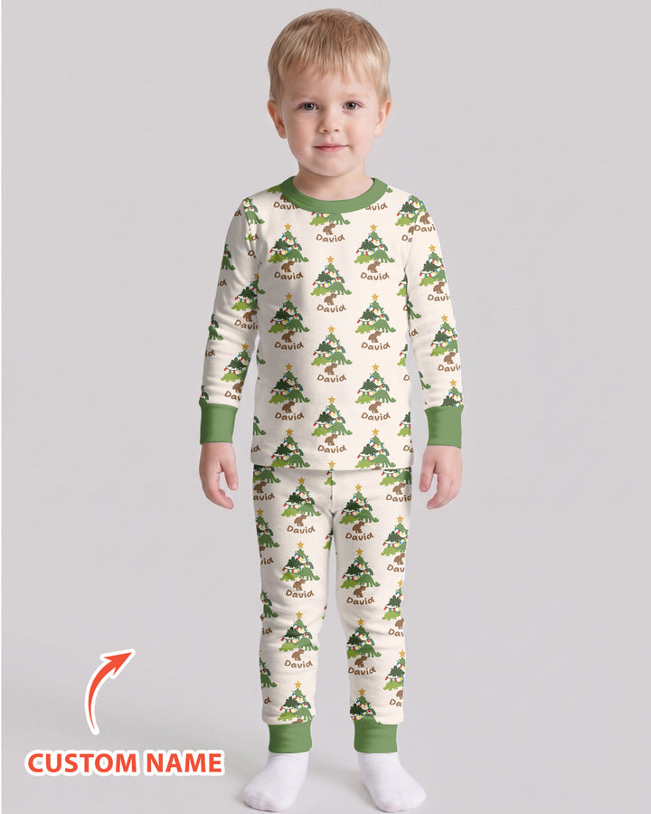 Dino Christmas Tree Bamboo Two Piece Long Sleeve Pajama Set