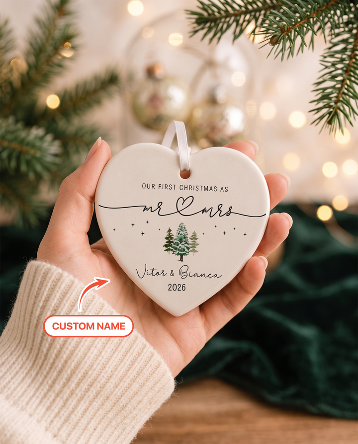 Custom Name First Christmas Mr & Mrs Heart-shaped Ceramic Ornament