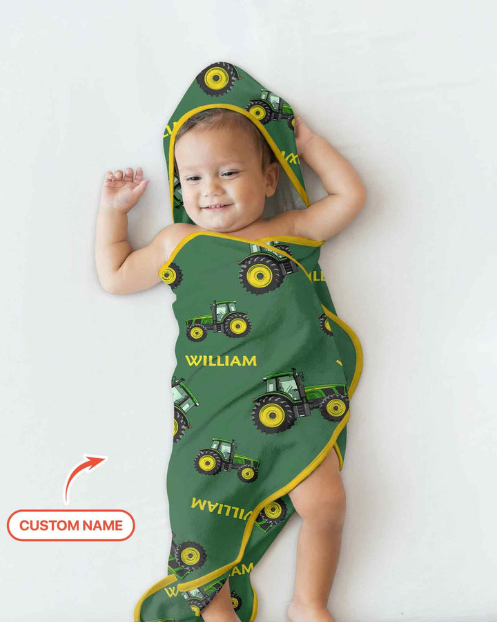 Custom Name Green Tractors Matching Daddy & Me Hooded Bamboo Towel Set