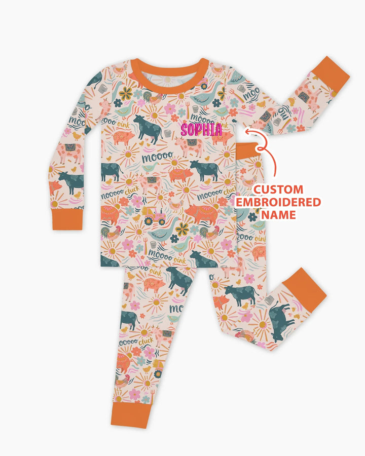 Custom Name Embroidered Colorful Farm Life  Bamboo Two Piece Long Sleeve Pajama Set