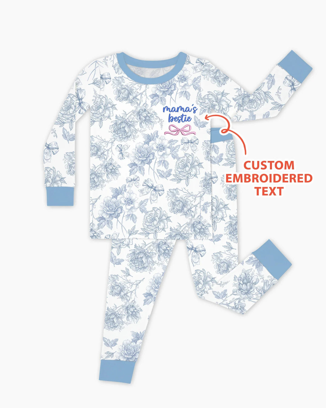 Custom Embroidered Mommy and Me Toile Matching Bamboo Two Piece Long Sleeve Pajama Set
