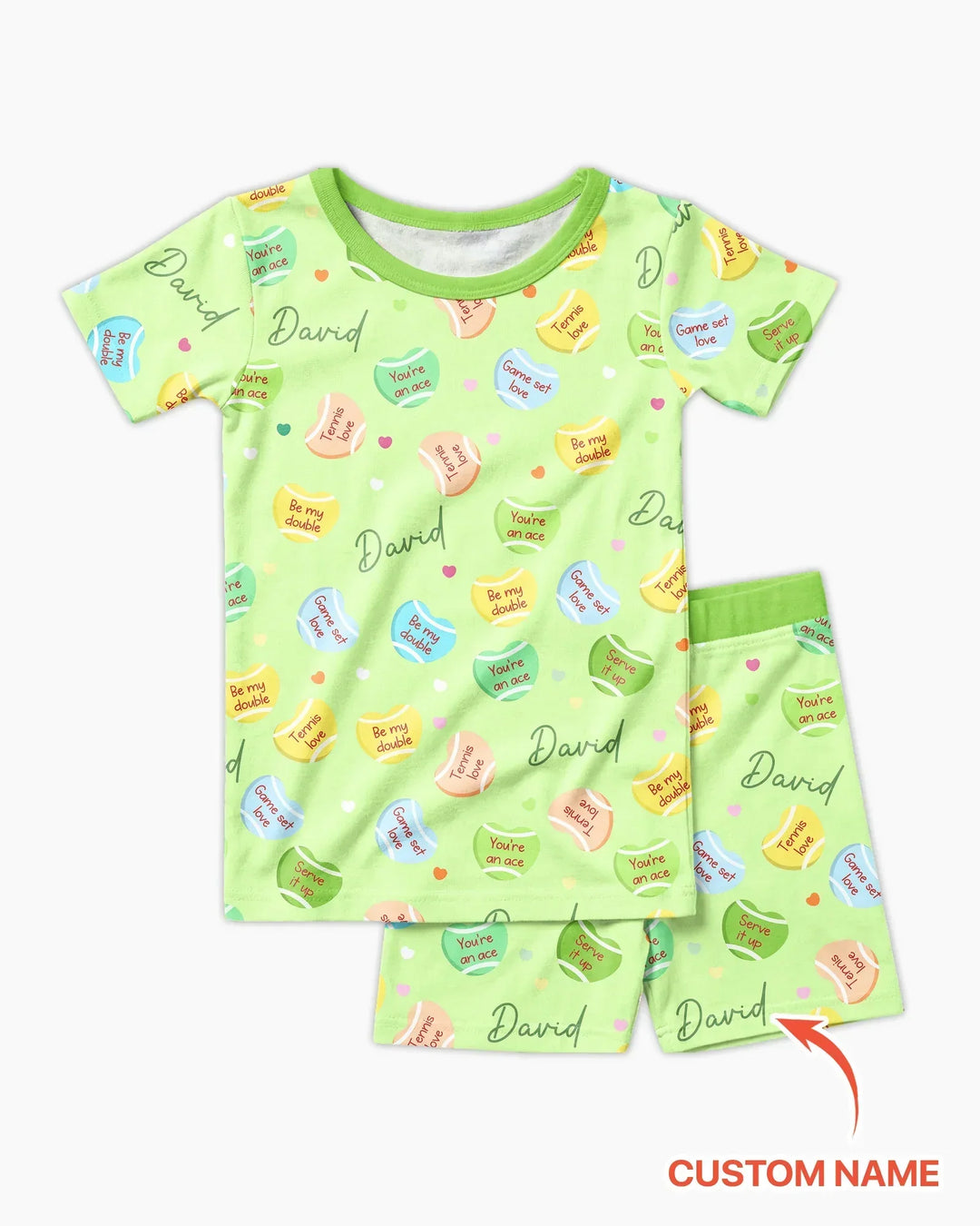 Custom Name Tennis Candy Hearts Bamboo Two Piece Short Sleeve Shorts Pajama Set