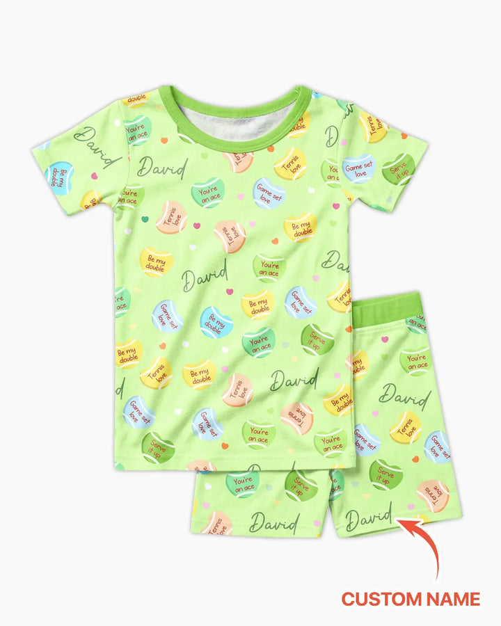 Custom Name Tennis Candy Hearts Bamboo Two Piece Short Sleeve Shorts Pajama Set