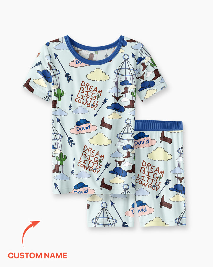 Litlle Cowboy Sis Bro Matching  Bamboo Two Piece Short Sleeve Shorts Pajama Set