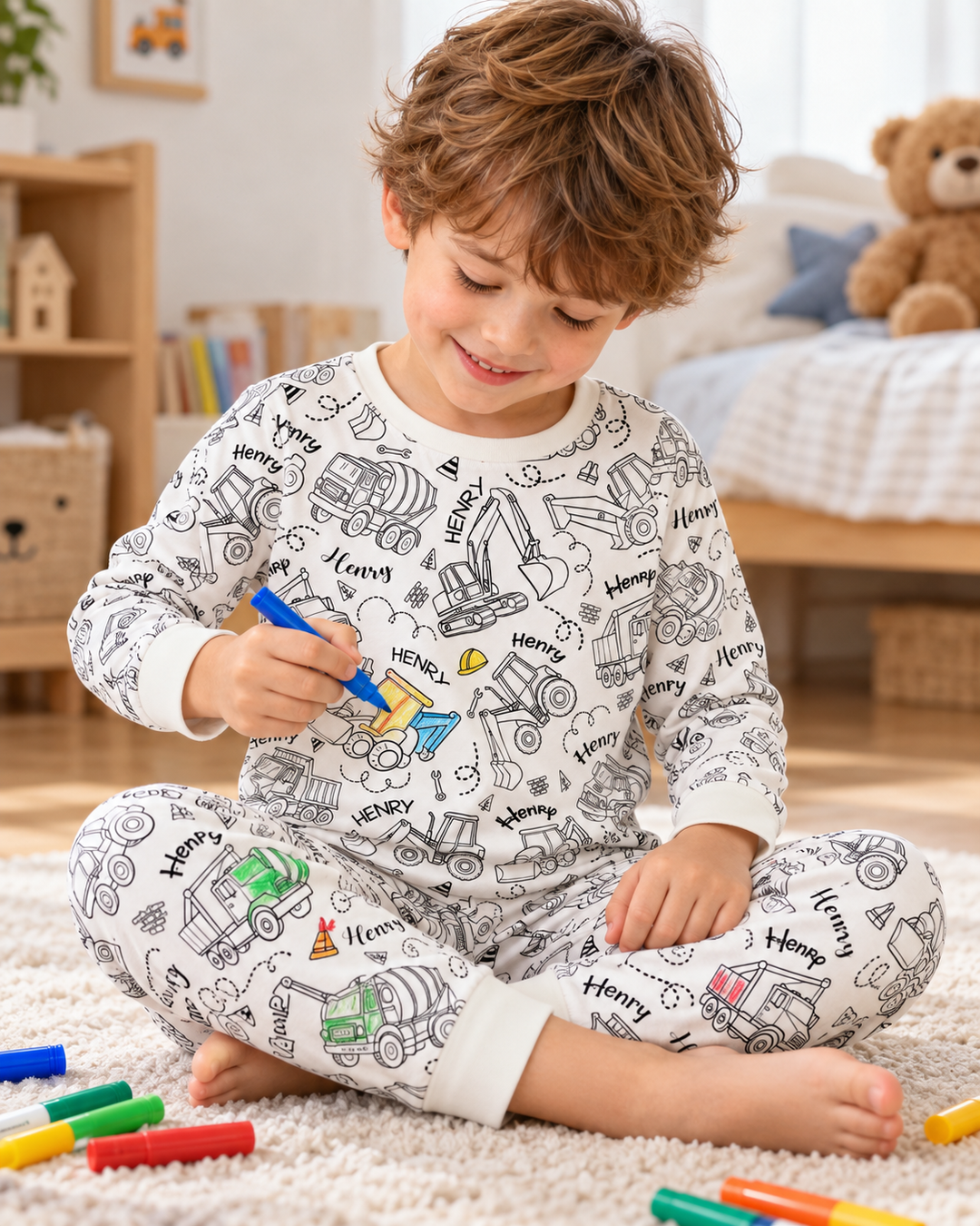 Construction Vehicules Custom Name Colorable Bamboo Two Piece Long Sleeve Pajama Set