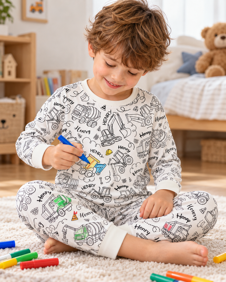 Construction Vehicules Custom Name Colorable Bamboo Two Piece Long Sleeve Pajama Set