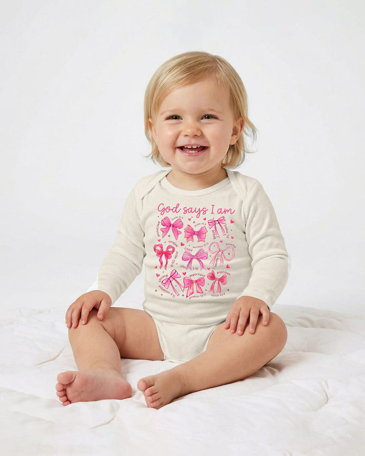God Says I Am Scripture Baby Girl Bamboo Bodysuit