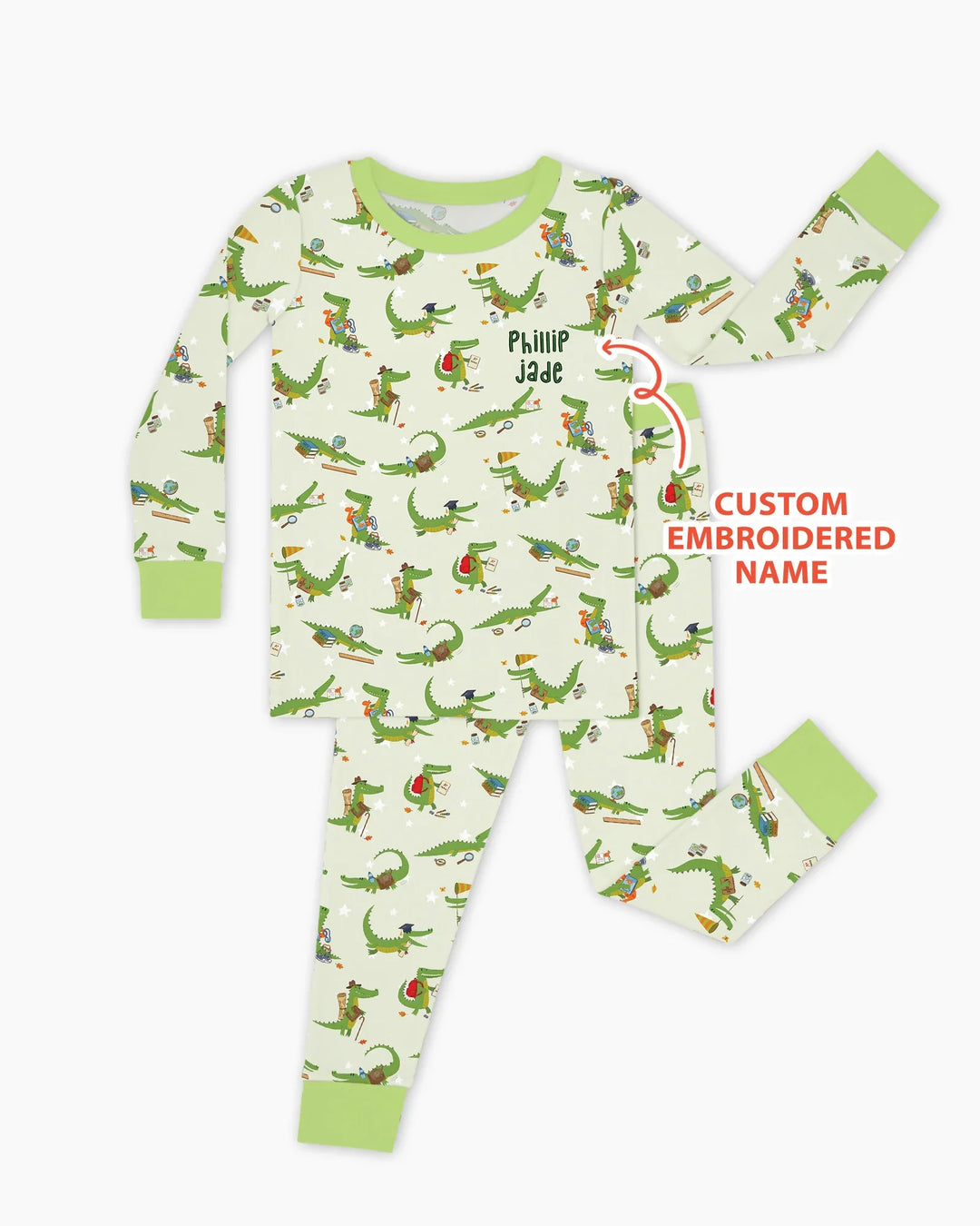 Custom Name Embroidered Alligator Bamboo Two Piece Long Sleeve Pajama Set