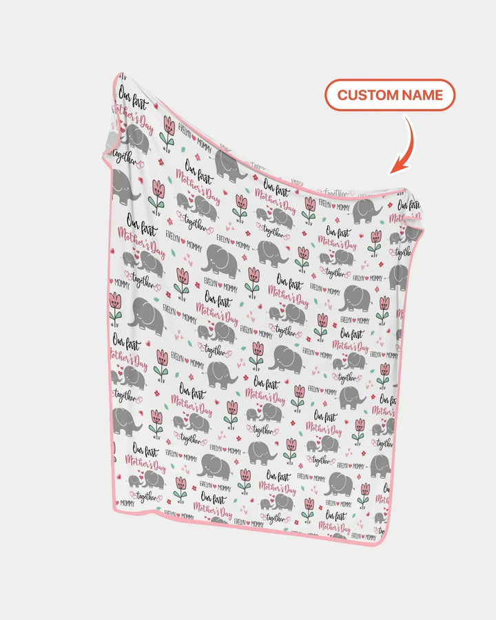 Custom Name Elephant Our First Mother's Day Bamboo Blanket