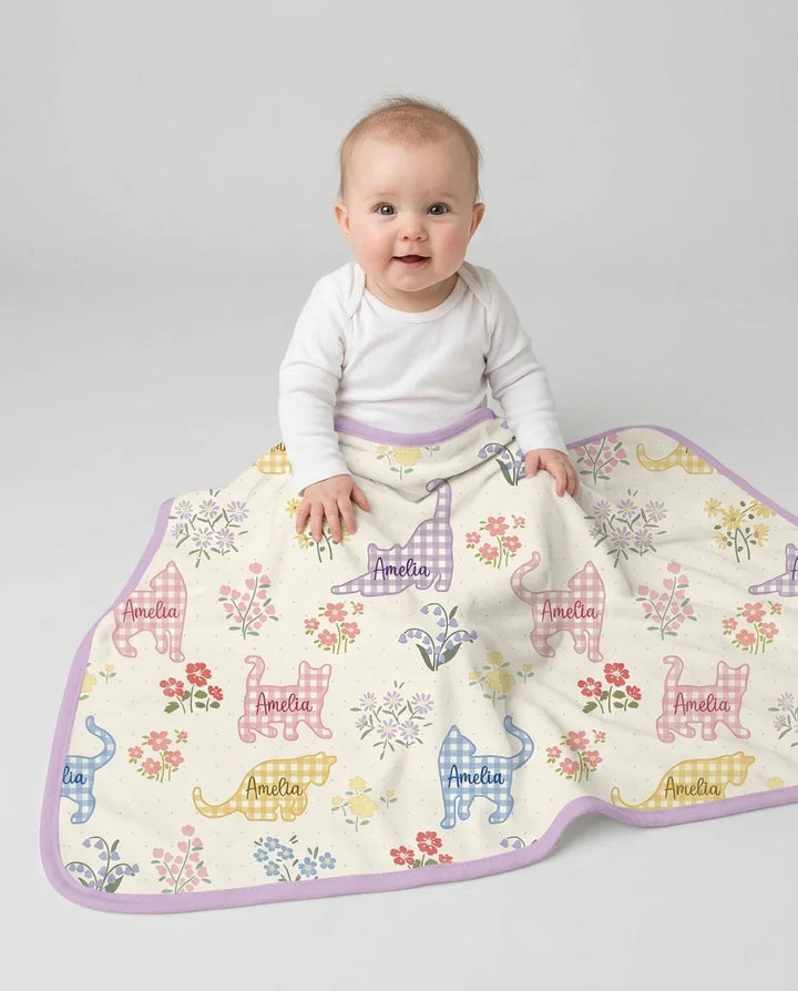 Gingham Cats Custom Name Bamboo Blanket