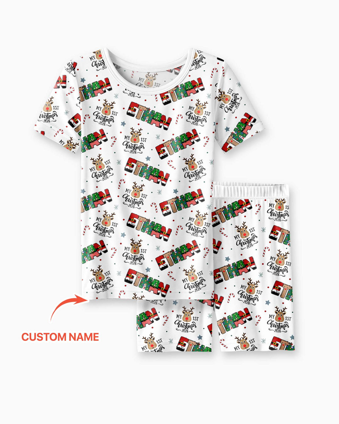 Custom Name My First Christmas 2026 Bamboo Two Piece Short Sleeve Shorts Pajama Set (G)