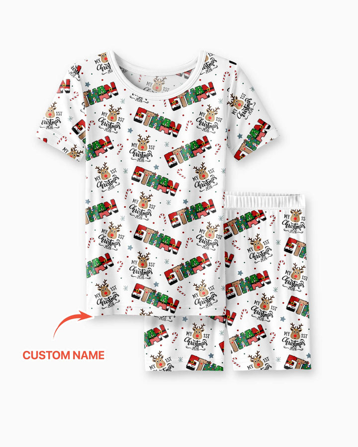 Custom Name My First Christmas 2026 Bamboo Two Piece Short Sleeve Shorts Pajama Set (G)