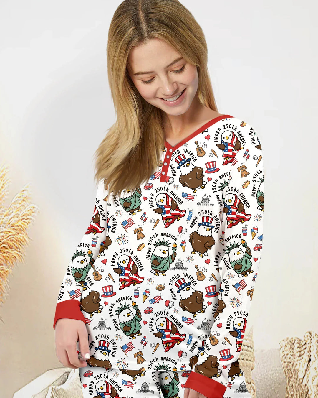 Happy 250th America Cute Patriotic Eagles Family Matching Bamboo Women Pajama Set