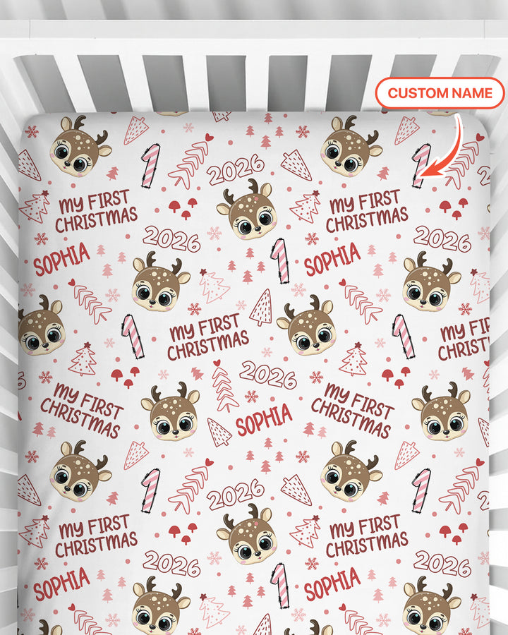 Custom Name Cute Reindeer My First Christmas Bamboo Fitted Crib Sheet