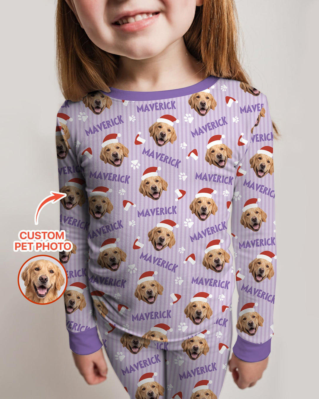 Custom Pet Photo Christmas Paws Stripe Bamboo Two Piece Long Sleeve Pajama Set