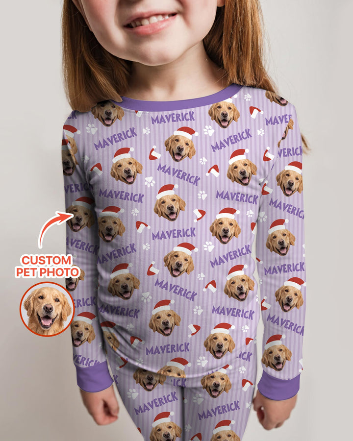 Custom Pet Photo Christmas Paws Stripe Bamboo Two Piece Long Sleeve Pajama Set