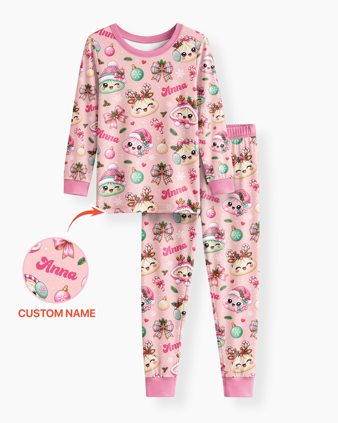 Custom Name Kawaii Christmas Dumpling Bamboo Two Piece Long Sleeve Pajama Set