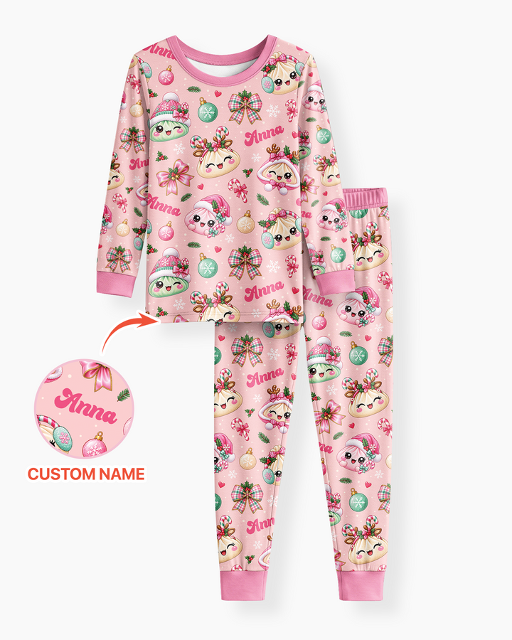 Custom Name Kawaii Christmas Dumpling Bamboo Two Piece Long Sleeve Pajama Set