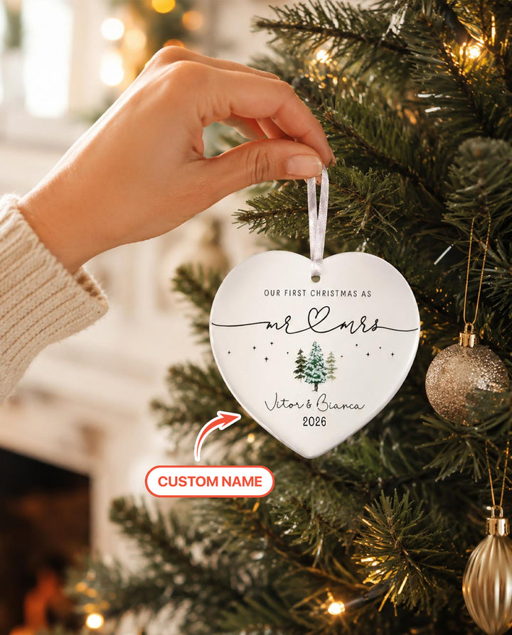 Custom Name First Christmas Mr & Mrs Heart-shaped Ceramic Ornament